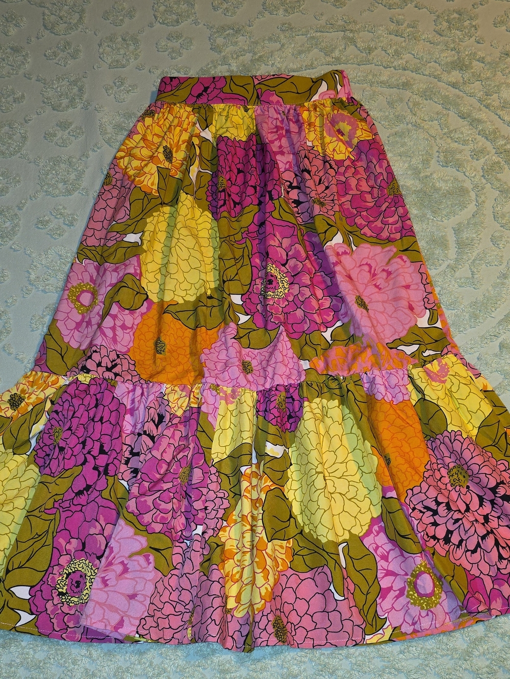 Unique Vintage Floral Tiered Maxi Skirt - Pink Yellow Multi